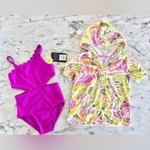 NWT Cat & Jack Fuchsia One Piece Swimsuit w Cutouts & Terrycloth Coverup